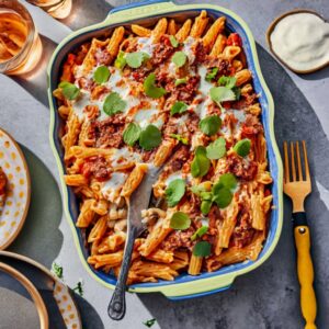 Chicken Taco Pasta Bake
 2 quart casserole dish